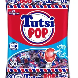 Tutsi Pop La Original Mexican Candy Pops with Cherry Flavor with Tutti Frutti Gum Center,