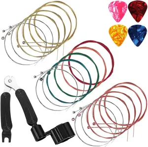 3-Pack Acoustic Guitar Strings (Gold, Brass, Multicolor) with Celluloid Guitar Picks, String Winder Kit for Beginners & Performers