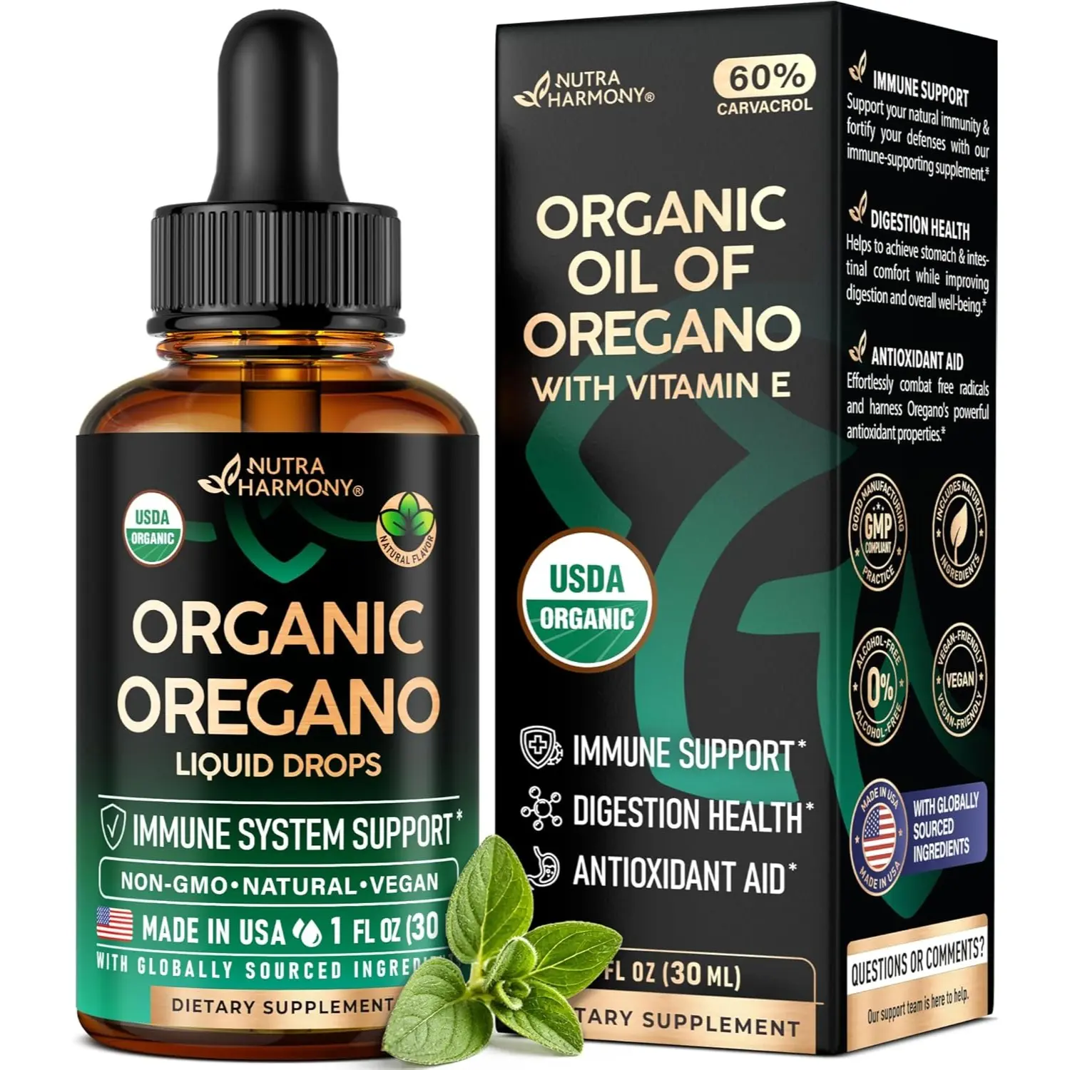 USDA Organic Oil of Oregano for Immune Support, Digestion Health & Antioxidant - Liquid Drops with Vitamin E - Made in USA - Non-GMO, Natural, Vegan - As Pills, Capsules, Softgels 1 fl oz