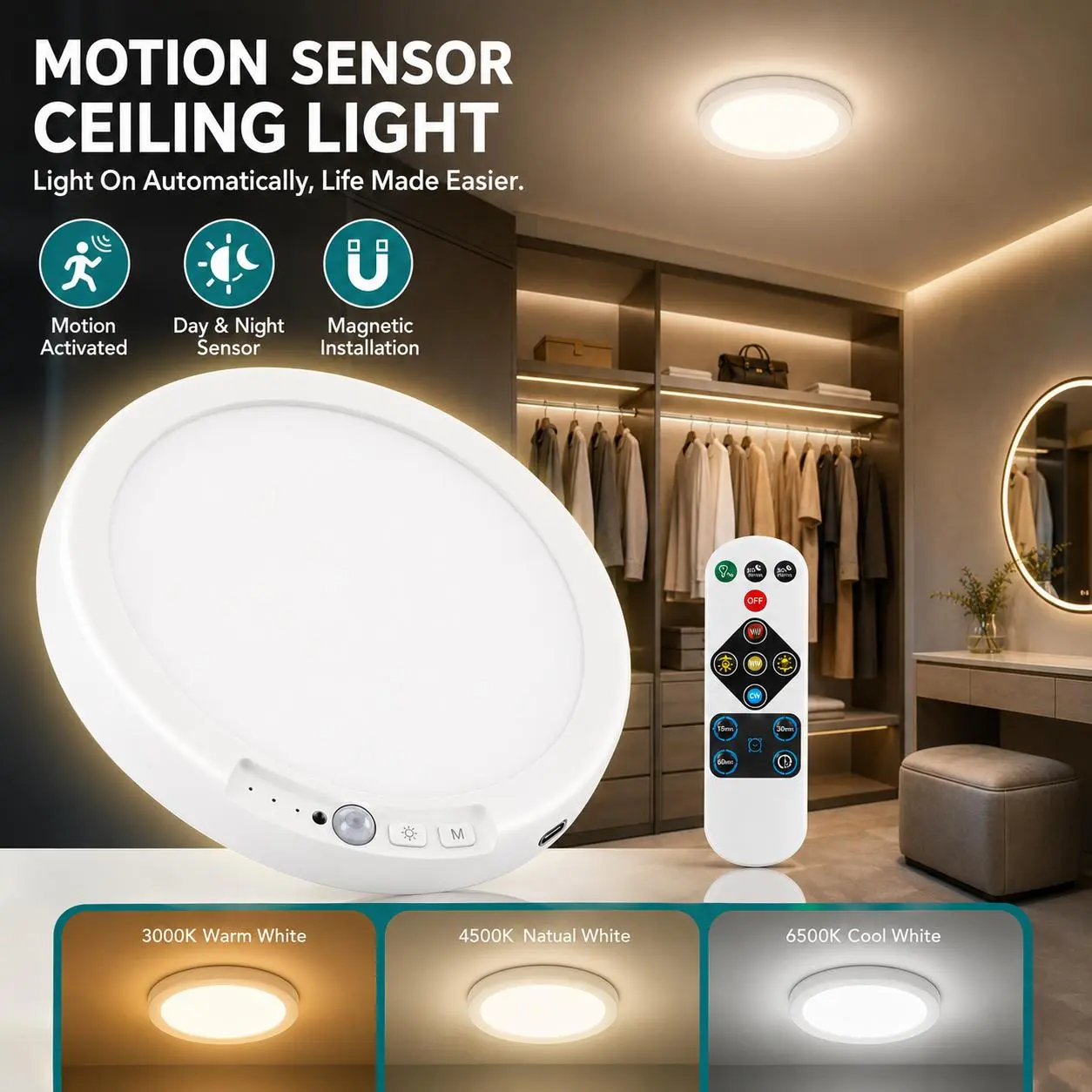 GVTCO Motion Activated Ceiling Light with Remote, 5000mAh Rechargeable Cordless LED Light, 3 Color Temperatures, Adjustable Brightness, Timer and Magnetic Mount for Closet, Hallway, Stairway and Pantry, White