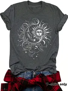 Artistic Sun and Moon Print Retro Style Women's Summer Casual Fitted Short Sleeve T-Shirt, Comfortable Breathable Fit S-Xxl