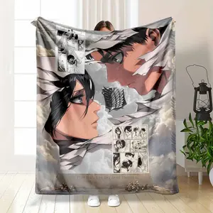 Eren & Mikasa Wings of Freedom Memory Fan Gift Lightweight Summer AC Blanket Fantasy Sky and Cloud Manga Art Print Thin Breathable Flannel Throw for AC Room Hot Sleepers Soft Cozy Sofa Bedroom Decor Gift Use