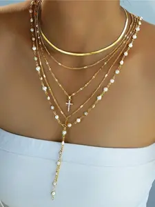 (Random Faux Pearl Quantity) 5pcs Simple Faux Pearl Cross Multi-Layer Necklace Set, Y-Shaped Chain Long Necklace, Women Sweater Chain, Suitable For Friendship, Summer Vacation, Date, Gift, Casual, Party, Wedding, Multilayer Necklace