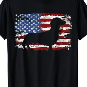 All Cotton tee Men's & Women's Dachshund Weiner Vintage American Flag T-Shirt - Retro Dog Lover Tee with Dachshund Print