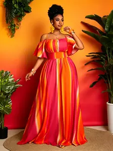 Plus Size Women's Gradient Striped One Shoulder Ruffle Dress, Womenswear Waist Cinching Slimming Floor-Length Gown