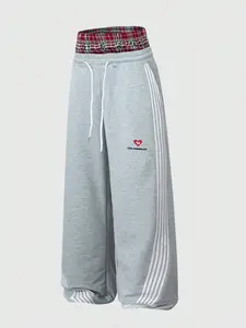 Double Layer Plaid Waist Sweatpants High Waisted Wide Leg Lounge Pants, Athleisure Style Pants, Striped Baggy Tracksuit Bottoms with Heart Print, Comfy Trousers for Gym, Dance & Daily Outfits Drawstring Waist Athleisure