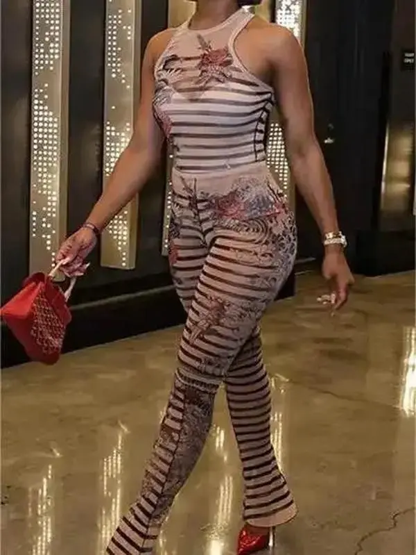 Sleek sleeveless printed jumpsuit Khaki Comfort, one-piece wonder, effortless chic, streamlined style, versatile piece, trending now, chic look, must-have style, wardrobe staple