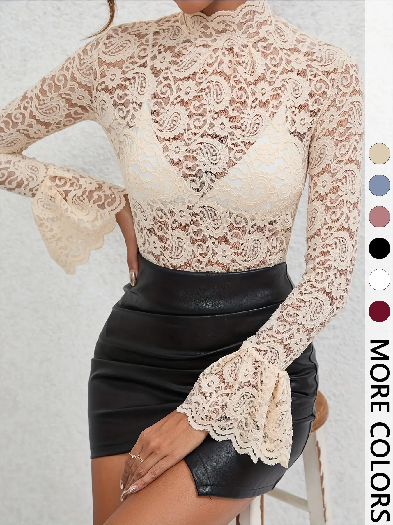 Women's Lace Mock Neck Flare Long Sleeve Top All Seasons Blouse, Elegant Feminine French Chic Style, Slimming Breathable Hollow Out Detail, Perfect for Dating, Parties and Commuting, High Neck