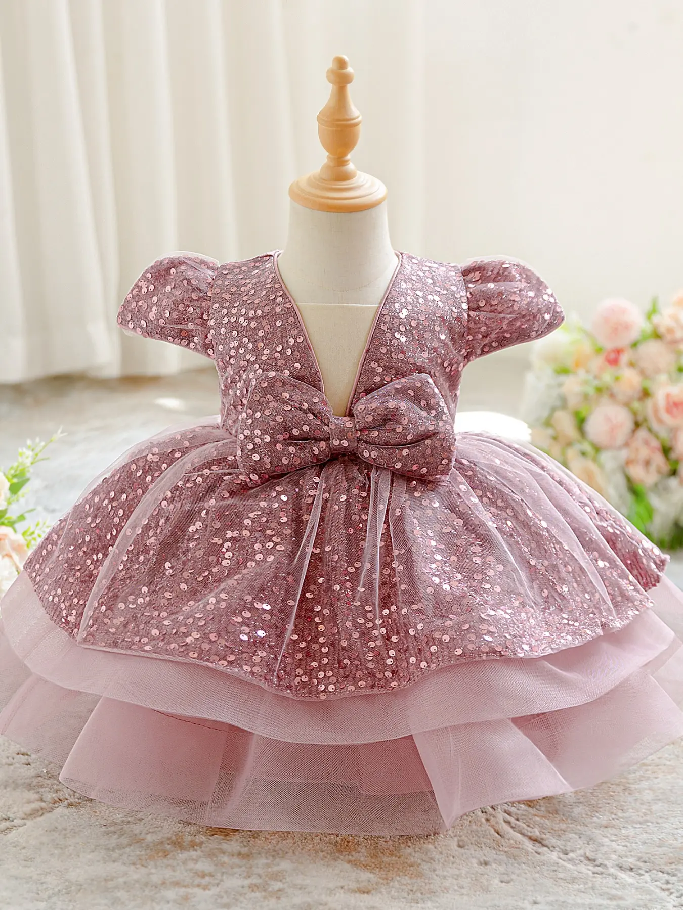 Pink Sequin Baby Girl Clothes Bow Christening Cocktail Toddler Baptism Pageant Ball Gown Princess Dress Bubble Dress Girl Toddler Summer Dresses for all Season 6 Months to 3 Years Baby Clothing