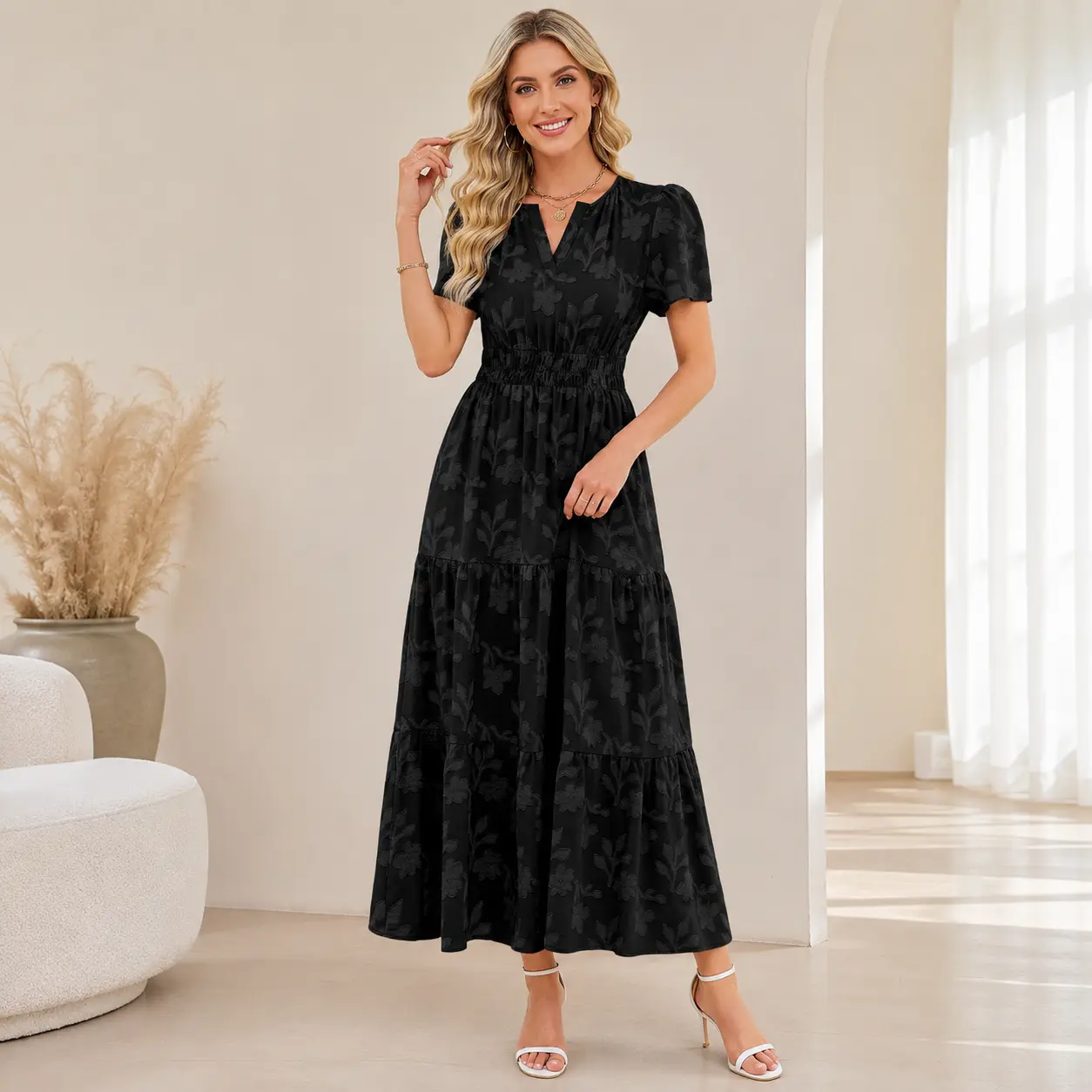 Women's Boho Burnout V-Neck Puff Sleeve Polyester Textured Floral Long Maxi Dress with Hidden Pockets, High-Waist A-Line for Wedding Guests, Parties