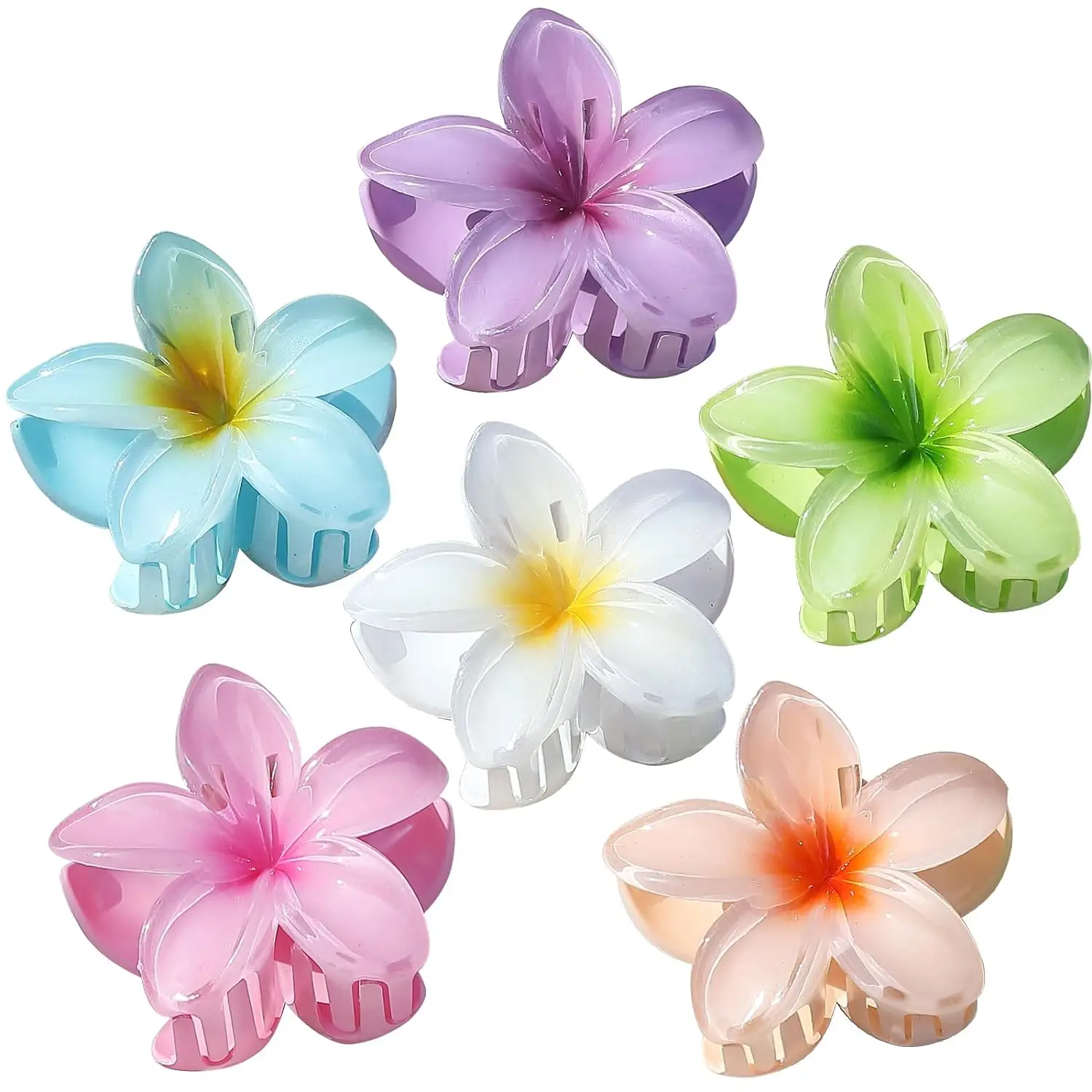 6 Pack Hawaiian Flower Hair Claw Clips Plumeria Claw Clips for Thin and Thick Hair Beach Tropical Hair Accessories for Girls