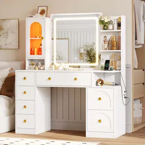 LED Makeup Vanity with Mirror RGB Glass Cabinet White