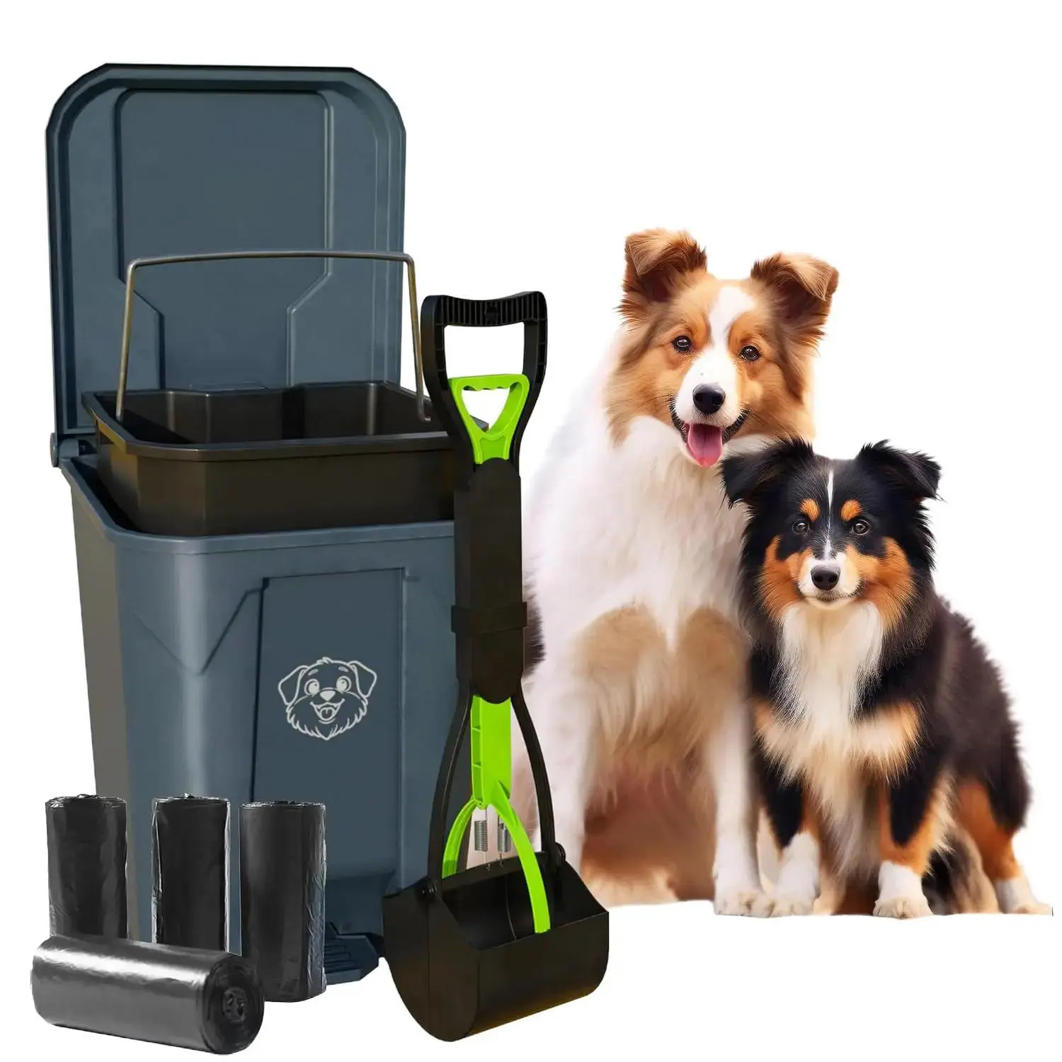 Outdoor Dog Waste Station, 5-Gal (20L) Pedal Poop Trash Can with Lid, Removable Inner Bucket, 200-Count Pet Waste Bags & Long-Handled Pooper Scooper for Outdoor Spaces, Lawn, Park, Foot Pedal, Hands-Free, Odor Control