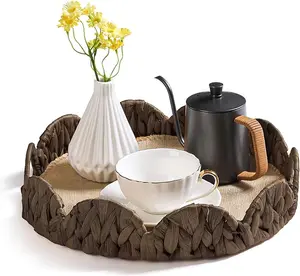 Round Serving Tray with Handles Serving Platters and Trays for Food Fruit Coffee Table Tray Ottoman Tray for Breakfast Bathroom Tray for Decor-Brown