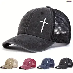 Unisex Five-Panel Baseball Cap, Jesus Cross Embroidered Mesh Hat, Adjustable Breathable Sun Protection Outdoor Cap for Travel, Beach, Vacation, Hiking, Spring, Autumn, Daily Wear