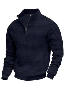 Men's solid color waffle texture quarter zipper long-sleeved semi-high collar stand-up collar long-sleeved sweatshirt hoodie - stand-up collar casual Half Zip Pullover with pockets, warm and soft fabric, suitable for daily and outdoor wear