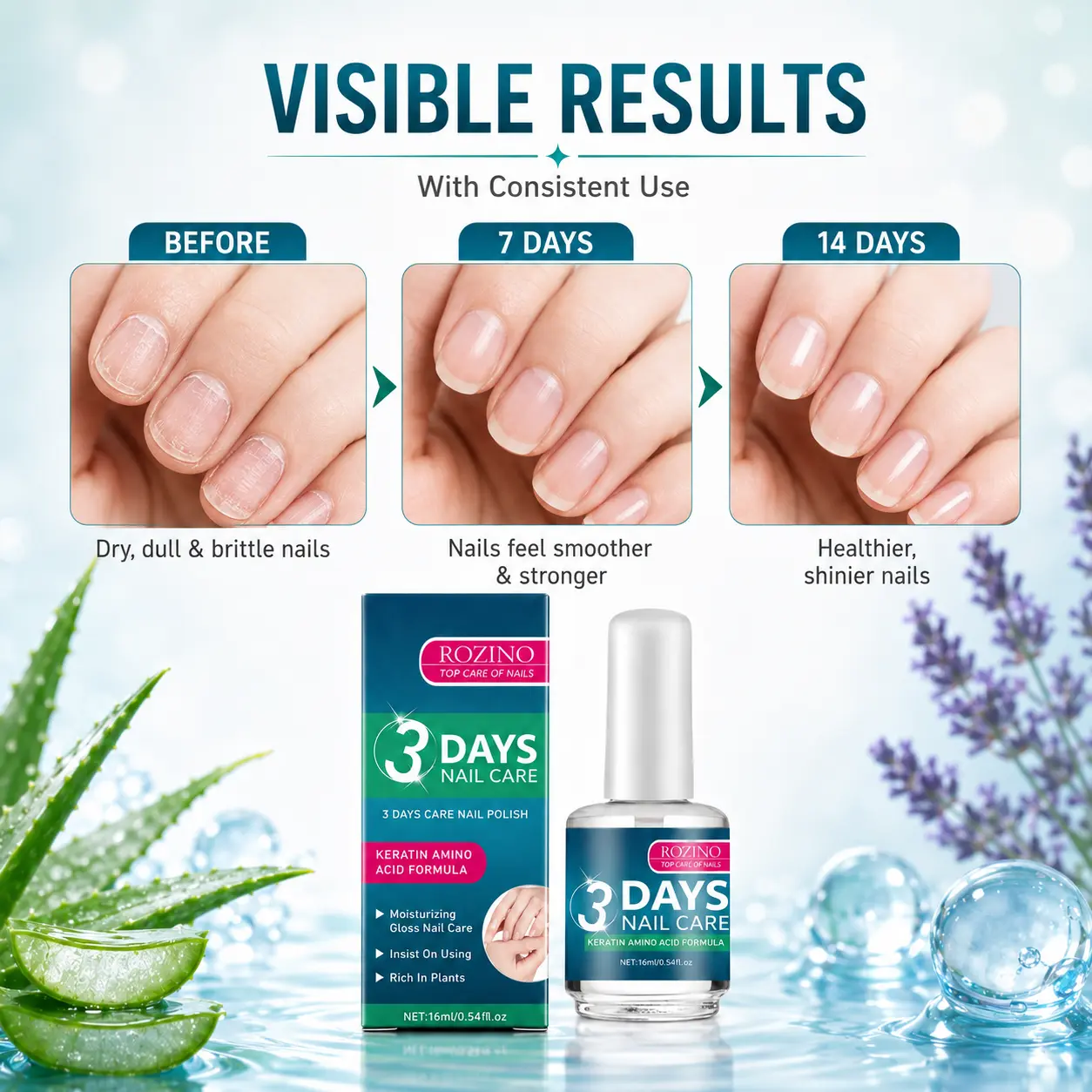**[Buy 1 Get 3 Bottles Total] ROZINO 3 Days Nail Care 16ml Each – Keratin Amino Acid Nail Treatment for Brittle, Dry & Dull Nails, Nourishing Care for Smooth, Strong & Shiny-Looking Nails**