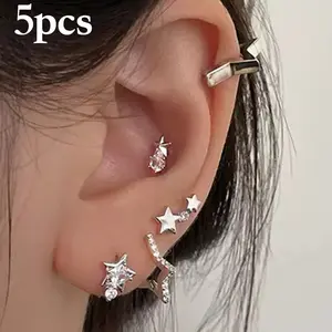 Earrings Studs 5pcs Set Sparkling Star Studs Zirconia Stylish Unique Lovely Hollow Star for Daily Wear Party Essential Elegant Temperament Fashionable Trend Suitable for All Seasons