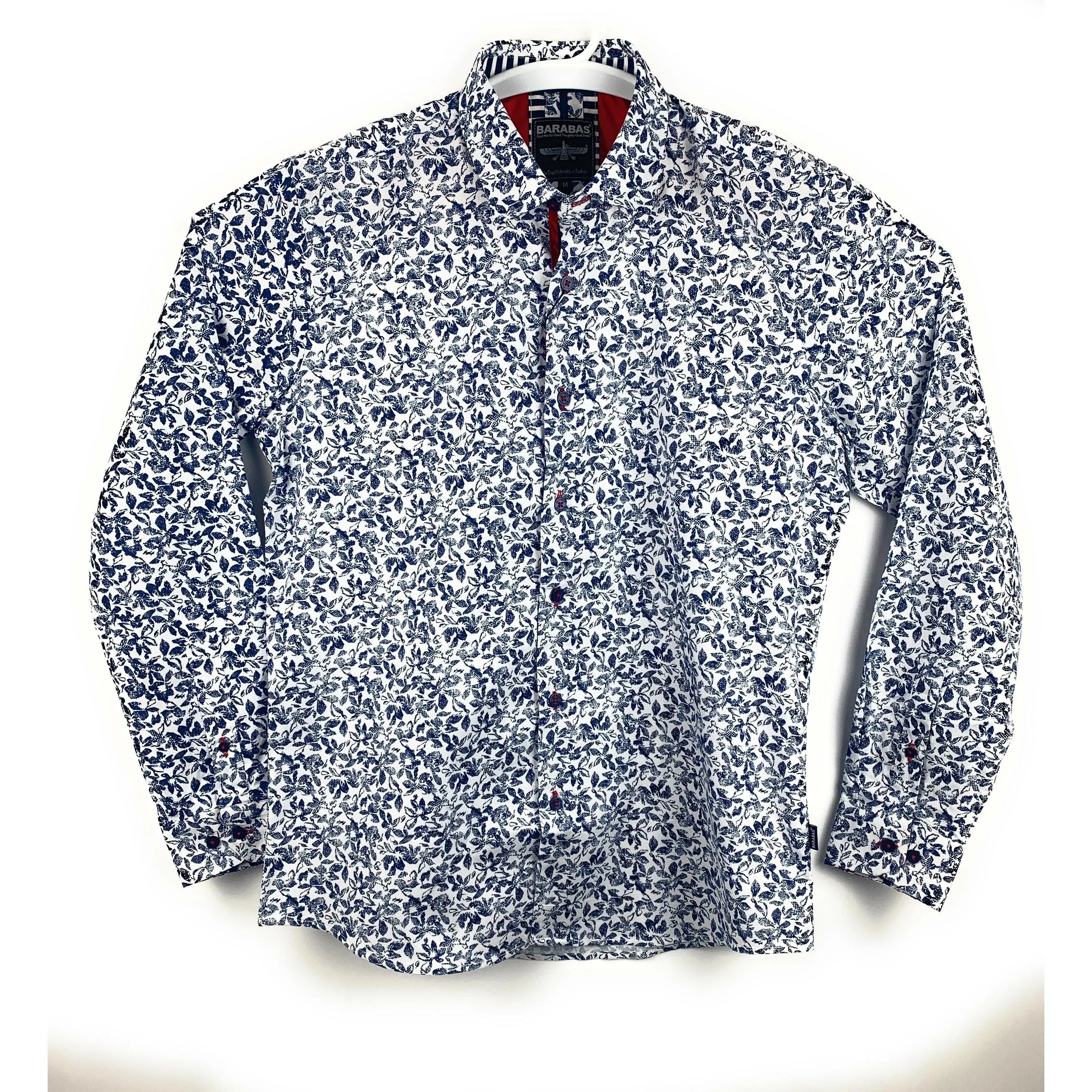 Barabas Mens Designer Button Front Shirt White Blue Floral Long Sleeve