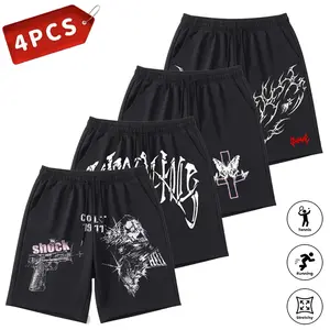 4 Pieces Men’s Gothic Graphic Shorts – Casual Drawstring Street Shorts, Punk & Hip Hop Shorts for Workouts, Running, and Everyday Outfits