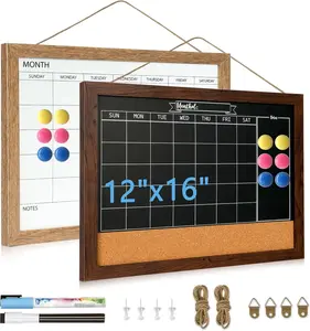 2pc Magnetic Calendar Whiteboard & Cork Board Combo Set - 16x12 Inches - Wall Hanging & Desk Compatible - Chalkboard & Pin Board Memo Organizer
