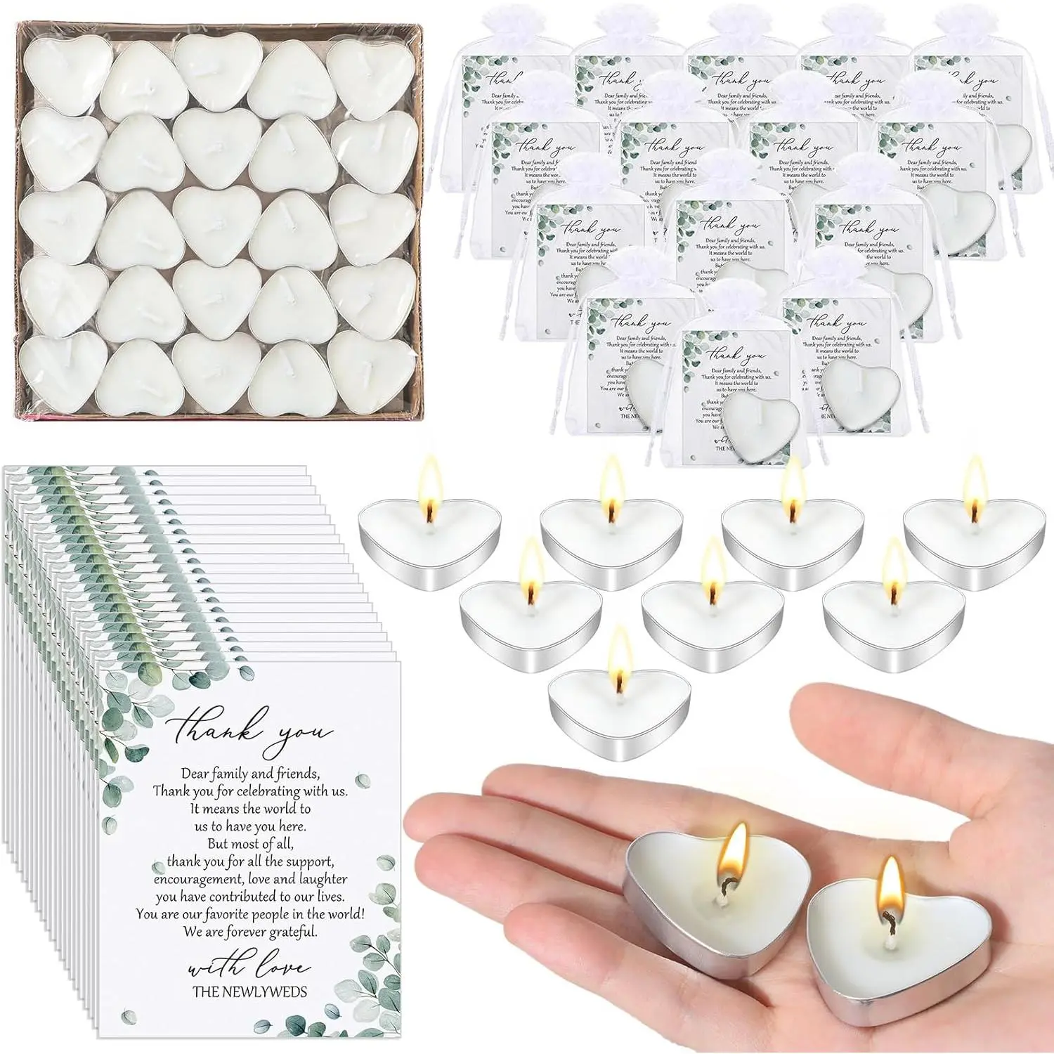 Threlaco Bulk Uncorded Mini Heart-Shaped Light Candles, Wedding Party Favors with Thank You Cards & Organza Bags, Bridal Shower Decoration Souvenir Gifts (100 Sets)