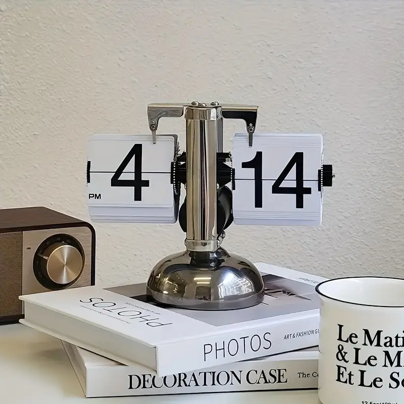 Clocteck Vintage Stainless Steel Automatic Flip-Page Quartz Digital Clock - White Retro Battery-Powered Flip Display Table Clock for Home and Office Decor, Indoors Use