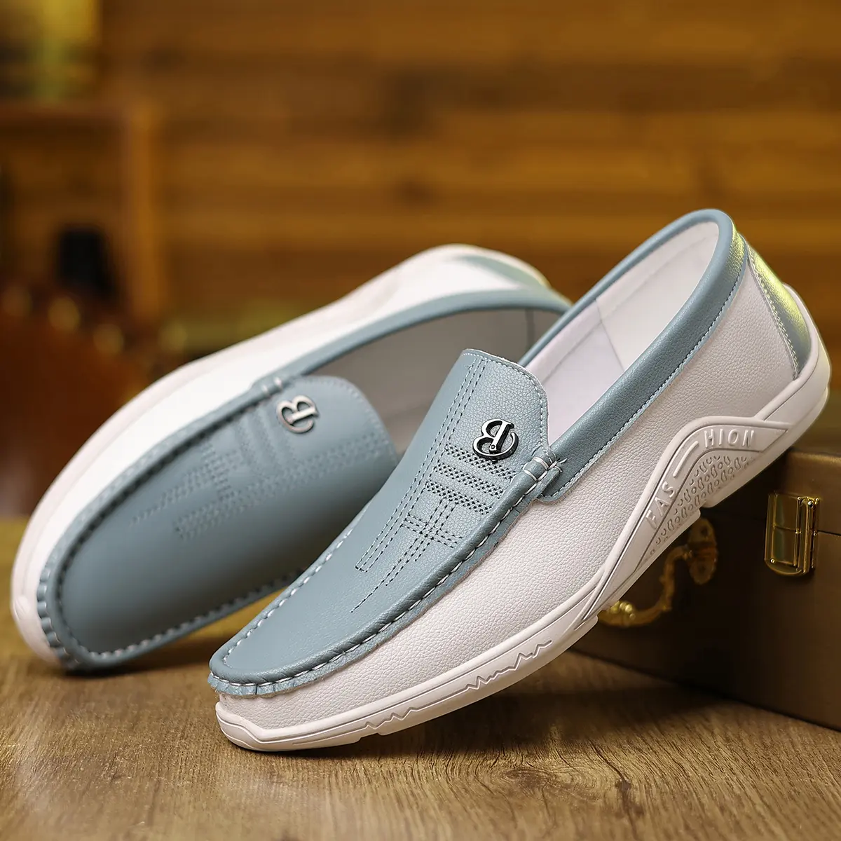 Men's Blue & White Slip-On Loafers with Buckle Details, Casual Driving Men's Shoes for Smart-Casual Office & Commuting, Buckle Details Loafers, Flat, Soft, Footwear, Classic Loafers