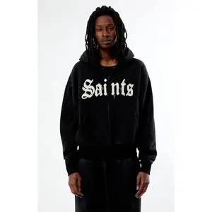 Pacsun Men's Saints Raw Applique Cropped Full Zip HoodieÂ