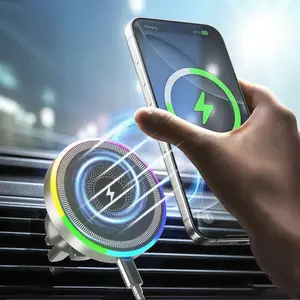 Magnetic Car 15W Wireless Mobile Charger Phone Holder RGB Light Air Vent Mount Clip Dock Stand For iPhone 17 16 15 14 13 12 Pro Max Mount Fast Charging Station