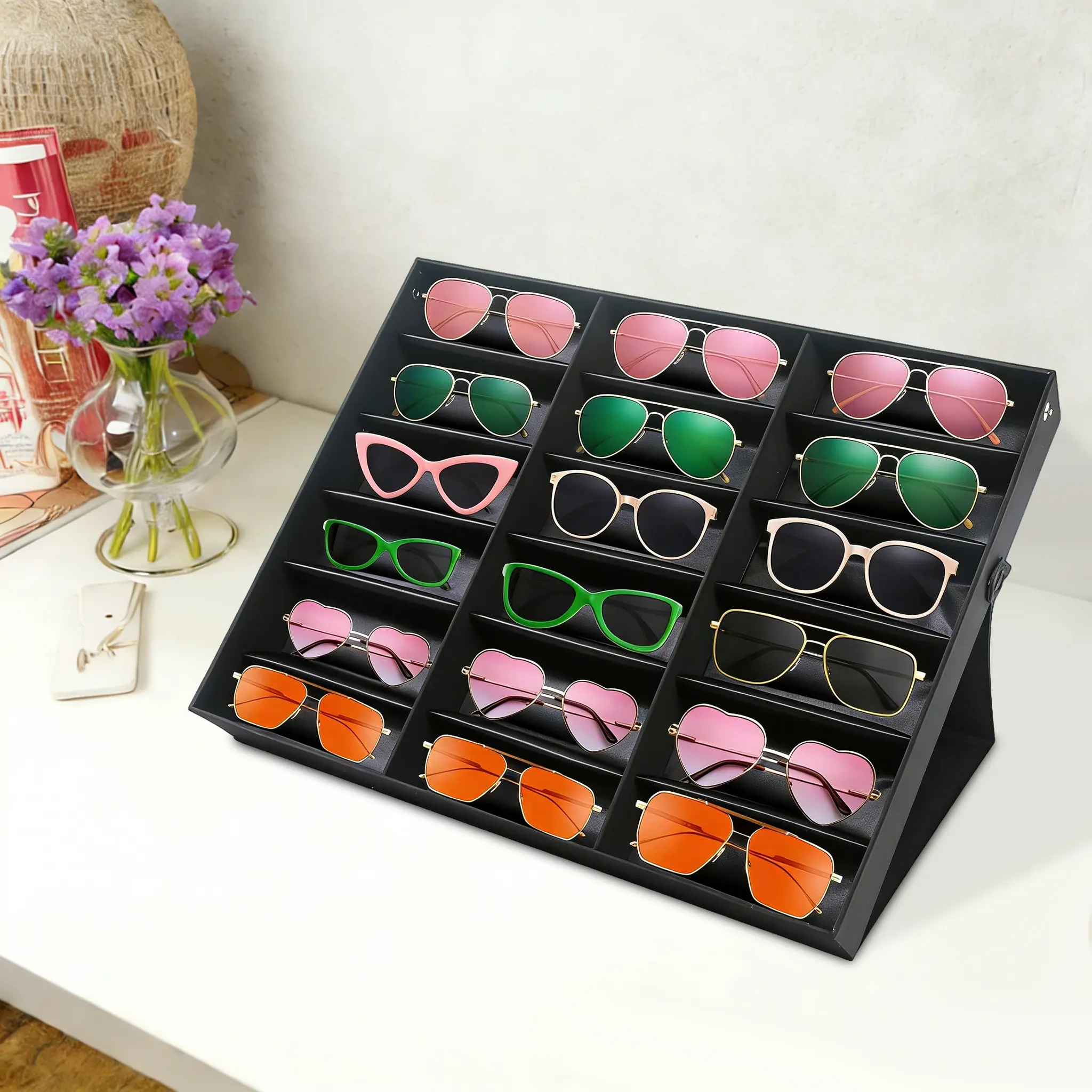 18-Pair Lightweight MDF Sunglasses Display Box - Carbon Fiber PU Home Organizer, Black Dustproof Cover, Flip Lid with Lid-Closed Design, Adhesive Bonding & Fixed Buttons, 18 Independent Compartments, Retail-Worthy for Eyeglasses Storage, Father Son Gift,,