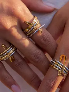 Ladies Ring Set Color Blocked White Diamond Smooth Hammer Textured Pin Multi Layer Stacked Ring Stainless Steel 18k Gold Plated Anti Allergy Classic Trendy And Cool Accessory Fashion Stackable Rings