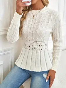 Women's Cable Knit Crew Neck Pullover Sweater, Long Sleeve Flowy Lightweight Knitted Top for Fall/Winter, Casual Cozy Stylish Elegant Soft Daily Wear Commute Cute Sweater Top, Women Fall Outfit, Fashion Autumn Knit Top for Women, Winter Sweater, Knitwear