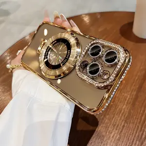 Built-in Stand - Magnetic Diamond Lens Protector - Supports Wireless Charging - Diamond Frame - High-end Luxury Compatible with iPhone 16 Plus/16 Pro Max/16/15 Plus/15 Pro Max/15/15 Pro/14 Plus/14 Pro/14/13/12/11