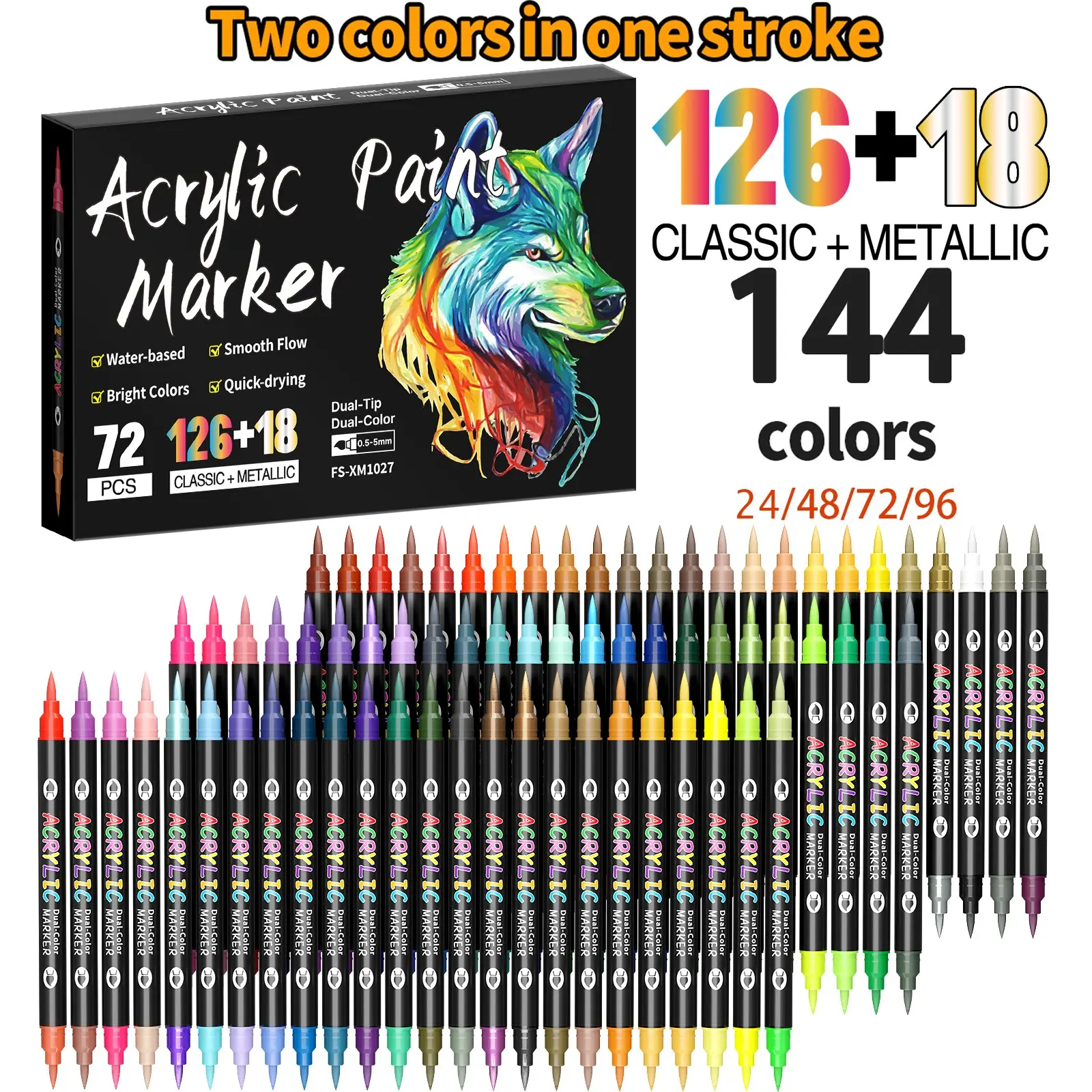 1 Count 24-144 Colors Acrylic Paint Pens, Dual Tip Marker with Brush Tip, Acrylic Painting Pen, Ideal for DIY Arts & Crafts, Rock, Wood, Canvas, Ceramics, DIY Painting Supplies, Artist Supplies, Art Materials