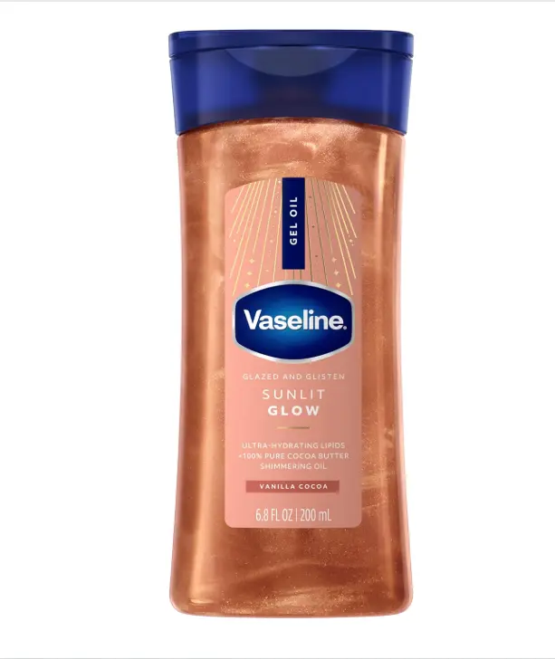 Vaseline Glazed and Glisten Sunlit Glow Body Gel Oil Vanilla Cocoa Shimmering with Ultra-Hydrating Lipids and 100% Pure Cocoa Butter, 6.8 Oz