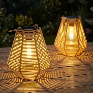 Solar Lanterns Outdoor Waterproof 2Pack Rattan Woven Hanging/Table Solar Lights with Warm White Edison Light Bulbs for Patio Yard Garden Outside Boho Decor, Gifts for Mom Women
