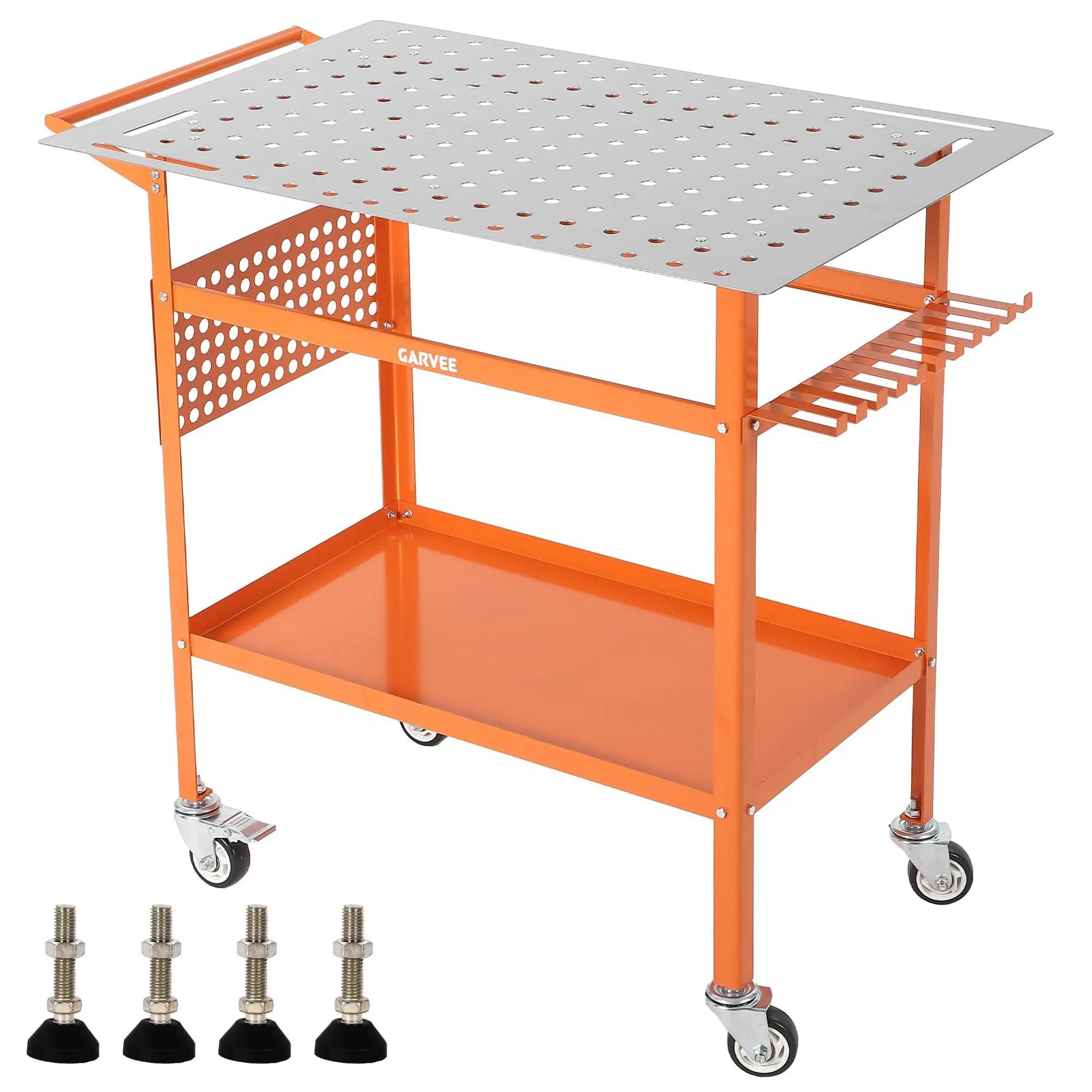 Gaomon Heavy Duty Carbon Steel 36"x24" 4-Wheel Welding Workbench with 2 Brakes, 4 Fixed Base Supports, Side Pegboard, Hooks, Storage Tray, Organiser - Welding Cart, Plasma Table