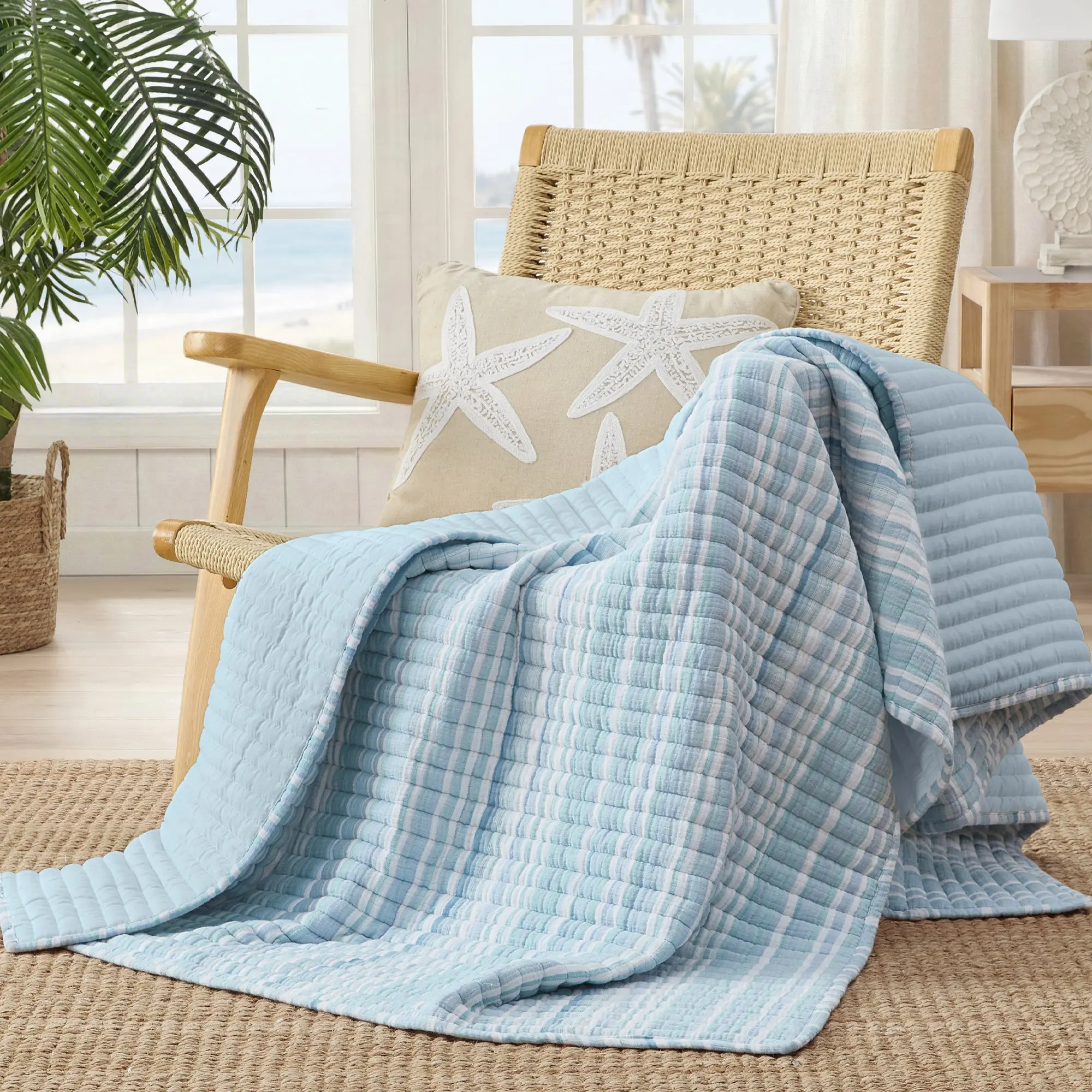 Boracay Stripe Quilted Throw Blanket - 50x60in Muslin Bed Blanket, Soft Warm Comfy Bedding for Home Decor, Muslin Bed Blankets