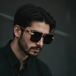 New Square Semi-Rimless Sunglasses Gold Frame with Rhinestone & Floral Temple Accents Fashion Eyewear for Men