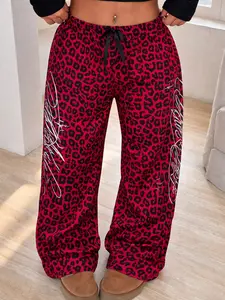 Women's Leopard Print Slim Fit Straight Leg Pants, Drawstring Adjustable, Casual Fashion for Daily Wear, Shopping, Party, Trendy