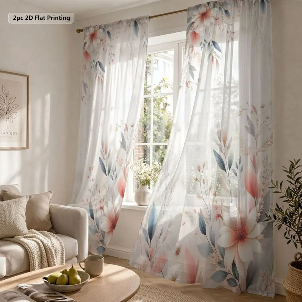 2pcs Romantic Floral Sheer Curtains, Home Decoration Curtain, Pastel Flower Print, Light Filtering Privacy Drapes, Elegant Polyester Window Panels, Rod Pocket