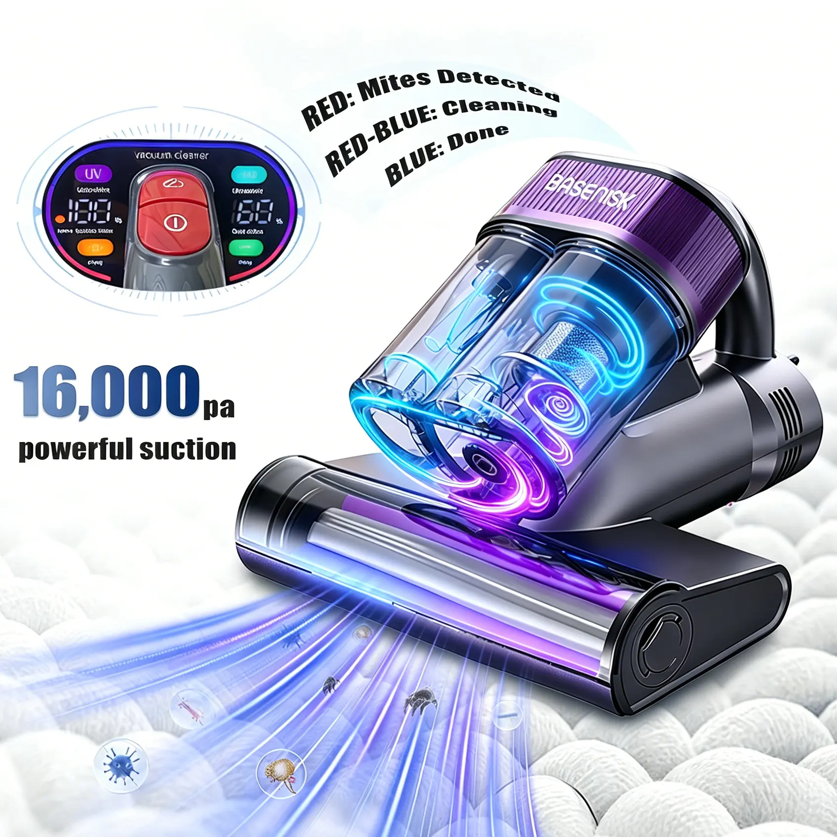 BASENISK Mattress Vacuum Cleaner for Dust Mite Removal, Bed Vacuum with 16Kpa Powerful Suction & UV-C Light & Hot Air, Handheld Vacuum, HEPA Filter & Aroma Tablet, Deep Clean for Bed, Couch, Gifts for Sensitives, Lightweight, #TikTokShopDealsforYouDays