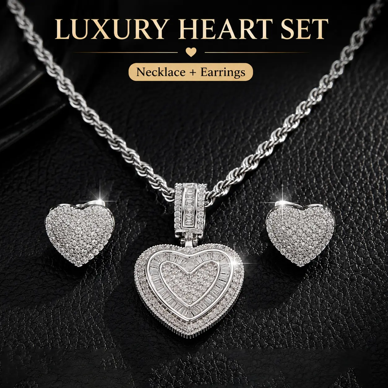 Heart Shape Earrings Necklace Jewelry Set,14K Gold Plated Heart Pendant Cubic Zirconia Necklace Earrings for Women Men, Iced Out Love Necklace Jewelry Gift Valentine's Day/Mother's Day/Christmas/Anniversary/Birthday Gift