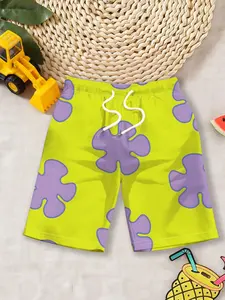 Boys' beach shorts, Lightweight printed shorts, Patrick Star-inspired floral graphic shorts with yellow-green base and purple flower prints + drawstring elastic waist design, perfect for summer pool or beach water play!