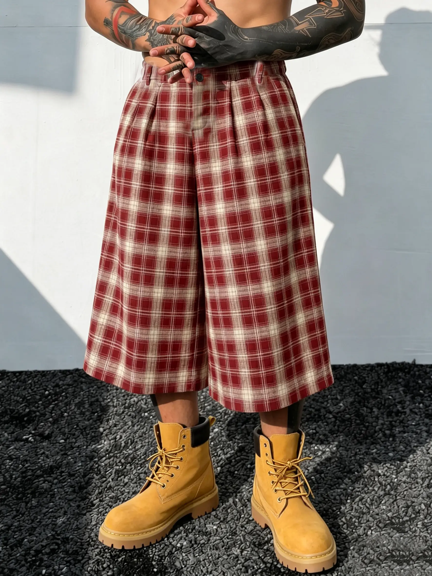 Men's Three-Quarter Length Plaid Shorts, Baggy Wide Leg Pleated Capri Shorts, Urban Streetwear Skater Shorts, Vintage Checkered Below Knee Shorts, Summer Casual Loose Fit Pants, Hip Hop Y2K Oversized Shorts for Men, Festival Outfit Essentials, Daily Looks