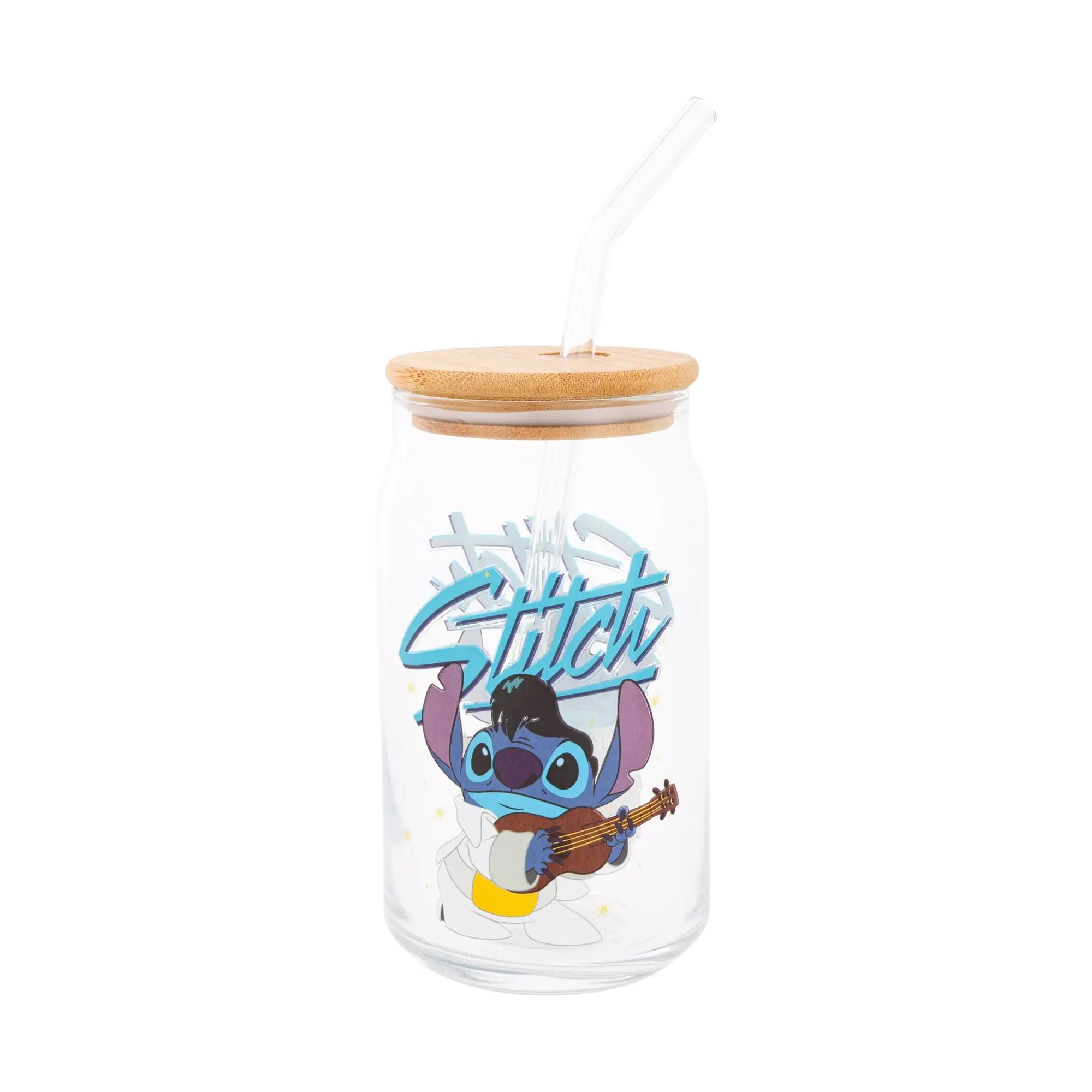 Stylish Disney Lilo & Stitch Elvis Stitch Art 16oz Washable Portable Reusable Glass Cup - Bamboo Lid, Rhinestone Accents, Straw Included - Collectible Tumbler for Entertainment Enthusiasts