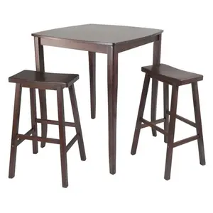 212 MAIN 3pc Inglewood High-Pub Dining Table Set with Saddle Stools - Antique Look, Curved Top, Flare Legs, Solid Wood Indoor Furniture for Home Use