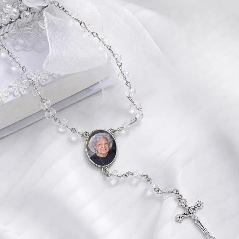 Clear Beads Rosary Necklace with Picture | Custom Rosary| Personalized Rosary with Picture| Memorial Gift| Personalized Keepsake