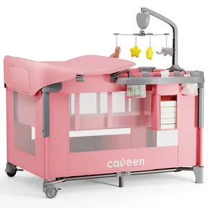 Baby Bassinet, Caveen 5 in 1 Baby Playard with Bassinet, Portable Baby Crib, with Removable Changing Station & Storage Organizer, Pink, Mother's Day Gift, Summervibes